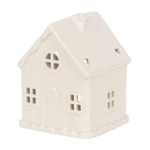 White Christmas gingerbread house tealight holder front view on white background