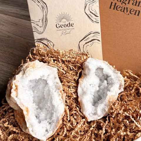 Moroccan white quartz geode halves used for intention and manifestation and manifestation ritual guide