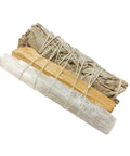 White sage palo santo and selenite smudge bundle hand-wrapped with cotton string on white background — Fragrant Heaven Ireland