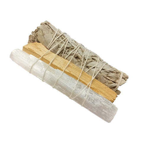 White sage palo santo and selenite smudge bundle hand-wrapped with cotton string on white background — Fragrant Heaven Ireland