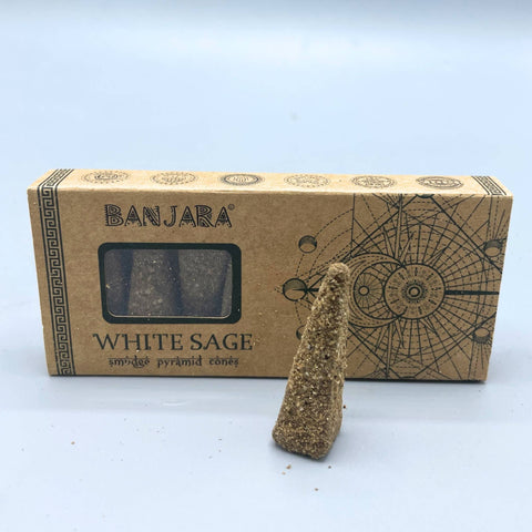 Single white sage smudge pyramid incense cone from Banjara