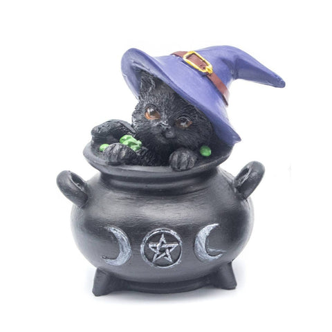 Statue featuring black cat with purple witch hat sitting in cauldrons decorated with pentagram and triple moon symbols. Represents protection, transformation, and feminine energy in Wicca.