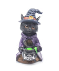 Resin Wicca cat figurine with witch hat, stirring a cauldron with pentagram 