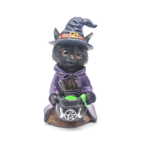 Resin Wicca cat figurine with witch hat, stirring a cauldron with pentagram 