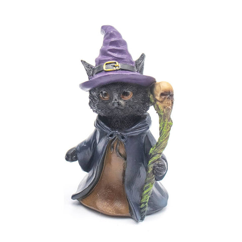 Resin Wicca cat figurine with witch hat, holding a skull staff. Symbols of protection, wisdom, and transformation.