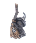 Wicca Cat resin statue featuring a black cat with a black witch hat, broom, and pentagram, symbolizing magick, protection, and intuition. Ideal for witchcraft décor, altars, and spiritual gifts.