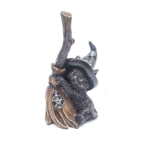 Wicca Cat resin statue featuring a black cat with a black witch hat, broom, and pentagram, symbolizing magick, protection, and intuition. Ideal for witchcraft décor, altars, and spiritual gifts.