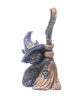 Wicca Cat resin statue featuring a black cat with a purple witch hat, broom, and pentagram, symbolizing magick, protection, and intuition. Ideal for witchcraft décor, altars, and spiritual gifts.
