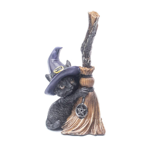 Wicca Cat resin statue featuring a black cat with a purple witch hat, broom, and pentagram, symbolizing magick, protection, and intuition. Ideal for witchcraft décor, altars, and spiritual gifts.