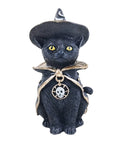 Wicca cat resin statue with witch hat, cloak, and skull pendant, symbolizing protection, transformation, and feminine energy in Wicca.