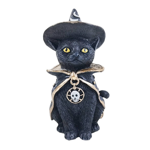 Wicca cat resin statue with witch hat, cloak, and skull pendant, symbolizing protection, transformation, and feminine energy in Wicca.