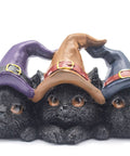 Resin statue of three black cats wearing pointed witch hats, symbolizing mystery, wisdom, independence, and feminine energy in Wicca.