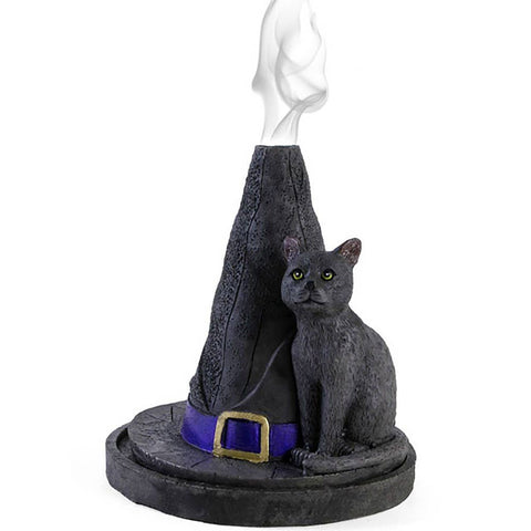 Witch Hat with Cat Incense Cone Holder with smoke rising from the top.