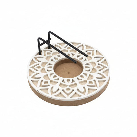 Wooden palo santo burner with mandala design and metal holder for palo santo sticks