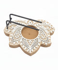 Wooden palo santo burner with mandala design and metal holder for palo santo sticks