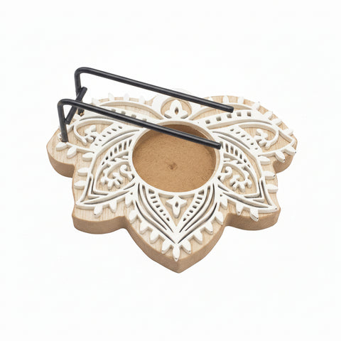 Wooden palo santo burner with mandala design and metal holder for palo santo sticks