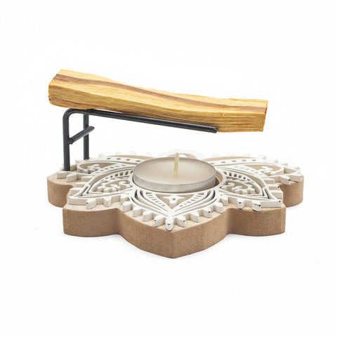 Wooden palo santo burner with tealight and palo santo stick on metal holder